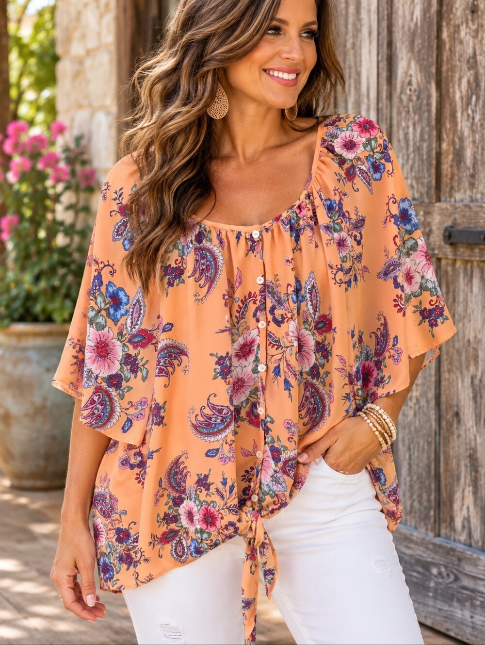 Counterparts Size 1X Peach Floral Paisley Tie Front Blouse